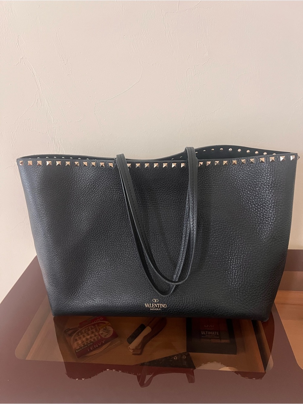Valentino Garavani Black Leather Rockstud Trim Tote